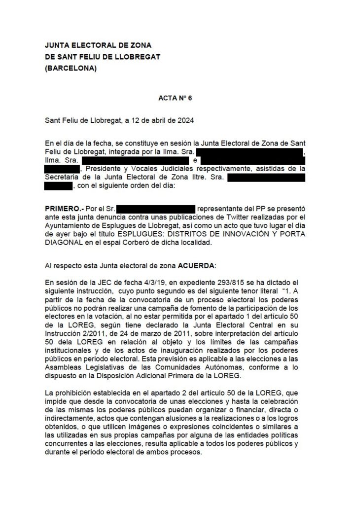 La Junta Electoral dona la raó al PP Esplugues, que havia denunciat al Govern del PSC i Comuns per incompliment de la Llei Electoral